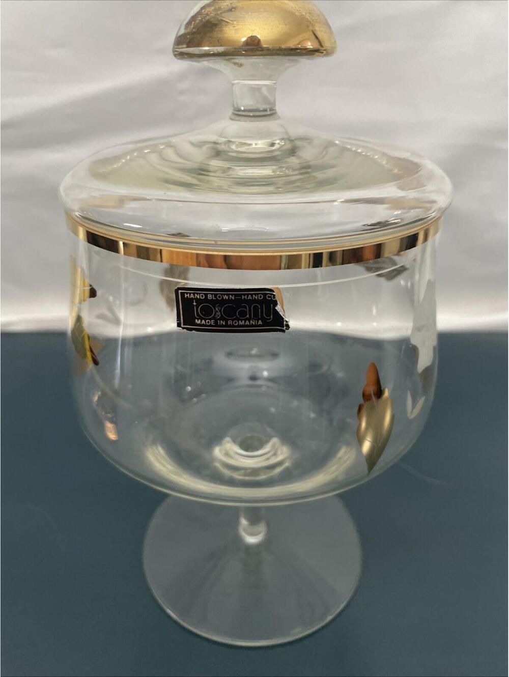 Vintage MCM Toscany Hand Blown Glass Lidded Candy Dish Gold Plated